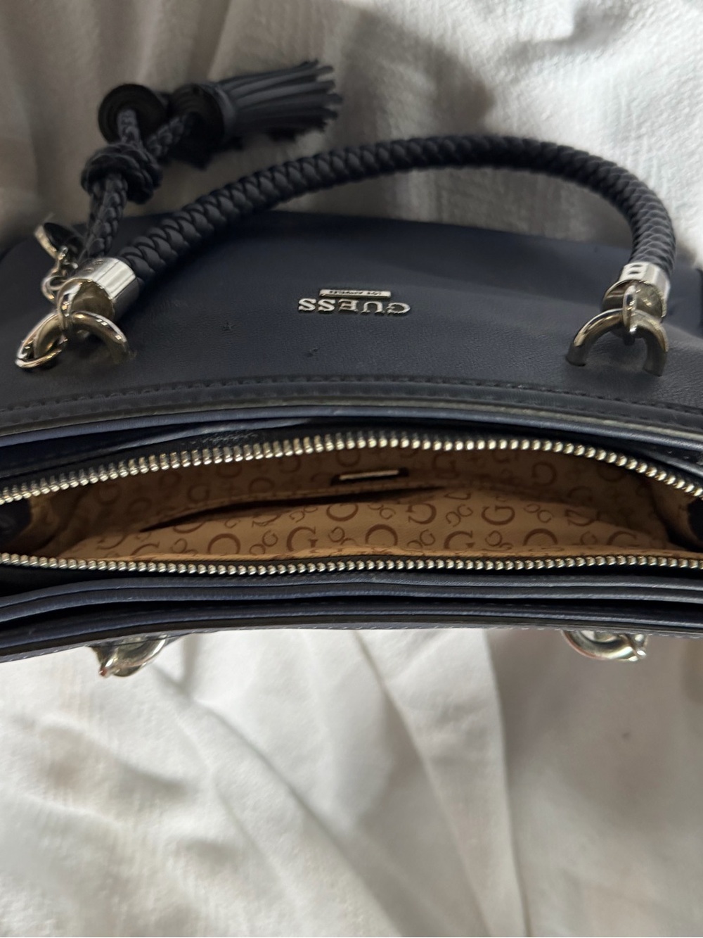 GUESS Navy Braided-Handle Satchel with Tassel